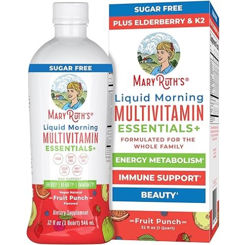 MaryRuth Organics Liquid Morning Multivitamin Essentials+ | Vitamin A C D E B6 B12 Biotin Zinc, Mens Womens Multivitamin, Immune Support, Beauty | Sugar Free | Vitamins for Ages 1+ | Vegan | 32 Fl Oz