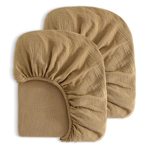 NTBAY 2 Pack Muslin Cotton Mini Crib Sheets, Soft and Breathable Double Layer 24x38 Baby Crib Sheets for Mini Crib and Toddler Mattresses, Boys, Girls, Unisex, Brown, 24x38 Inches