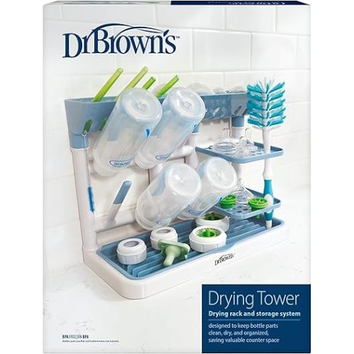 Dr. Brown's Drying Tower, Stand-Up Drying Rack, Countertop Baby Bottle Drying with Organized Storage for Baby Essentials, Space Saving Vertical Rack, Blue