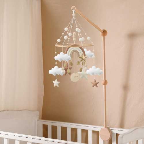 neutral rainbow mobile for crib with clouds, stars and gold detail
