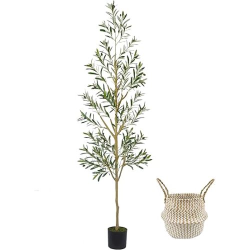7.8ft (93”) Artificial Olive Tree, Tall Fake Olive Plant with Basket, Indoor Outdoor Faux Olive Silk Tree for Home Livingroom Office Floor Decor (Natural Green Leaves)