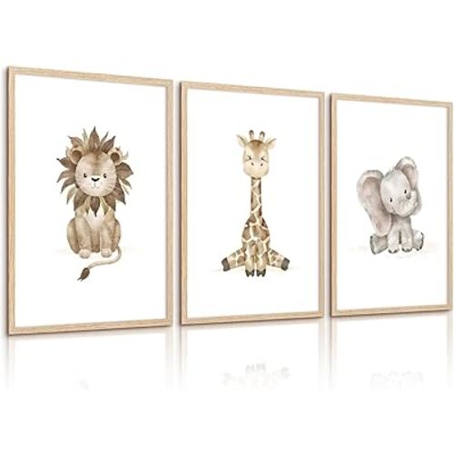 Safari Nursery Wall Art Baby Animal Canvas Wall Decor Boy Room Poster Jungle Animal Prints Kids Nursery Pictures Elephant Lion Giraffe Art Painting Neutral Artwork for Girl Room 16x24x3 Inch Unframed