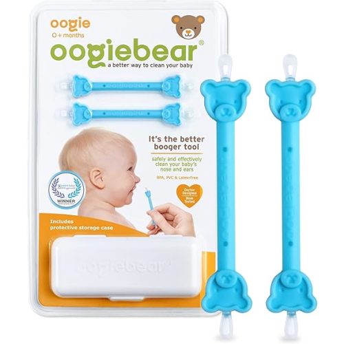 oogiebear: Baby Nose Cleaner & Ear Wax Removal Tool - Safe Booger & Earwax Removal for Newborns, Infants, Toddlers - Dual-Ended - Essential Baby Stuff, Diaper Bag Must-Have, 2 Pack Blue with CASE