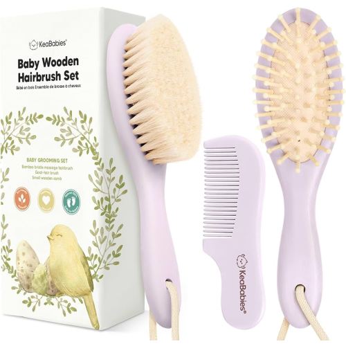 Baby Hair Brush and Comb Set for Newborn - Wooden Baby Hair Brush Set with Soft Goat Bristle, Baby Brush Set for Newborns, Baby Brush and Comb Set Girl, Boy, Toddler Cradle Cap Brush (Oval, Thistle)