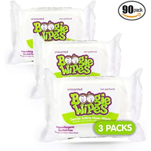 Boogie Wipes Gentle Saline for Stuffy Noses Simply Unscented, White, 3 x 30 Count