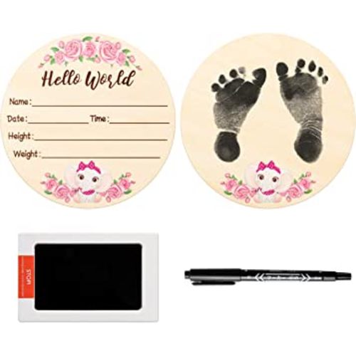 R HORSE Baby Birth Announcement Sign with Marker Pen, Pink Elephant Baby Name Sign with Ink Pad for Hand and Footprints, Wooden Hello World Newborn Announcement Nursery Decor Keepsake Gifts