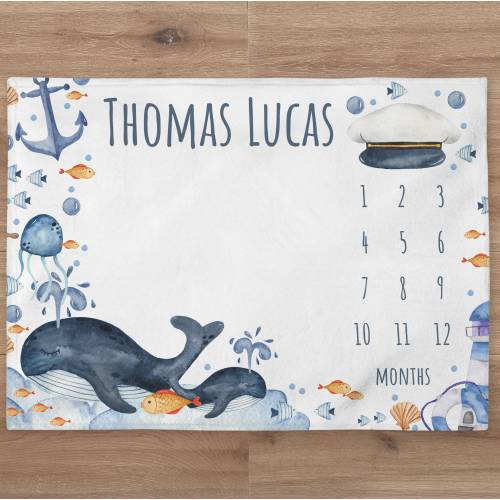 Whale Milestone Blanket Personalized Baby Boy Month Blanket Nautical Nursery Custom Newborn Growth Tracker New Mom Baby Shower Gift