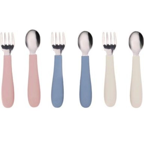 WeeSprout Toddler Utensils, 3 Forks & 3 Spoons, 18/8 Stainless Steel & Food Grade Silicone - Matte Blue, Pink, Off White