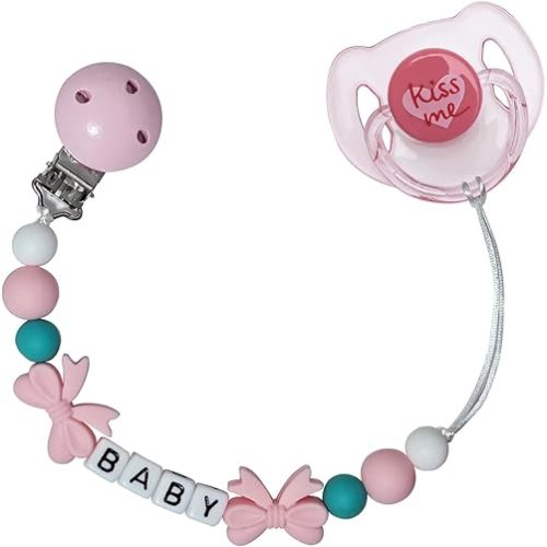 Pink Pacifier Clip with Cute Magnetic Pacifier Reborn Dolls Toy Accessories (Bowtie)
