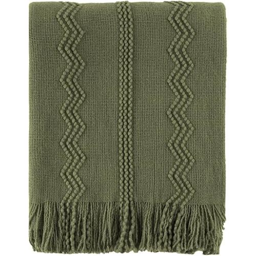 BATTILO HOME Olive Green Throw Blanket for Couch, Soft Army Green Blanket with Tassels for Home Decor, Decorative Knitted Throws for Couch Cover, 50"x60"