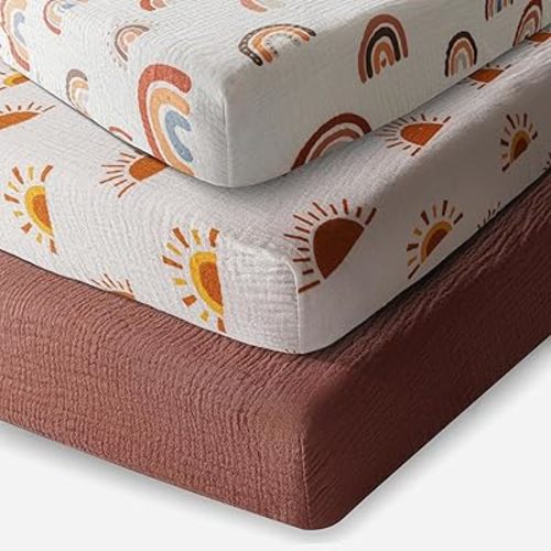 Muslin Pack N Play Sheets Boho Fitted Gender Neutral Mattress Cotton Mini Crib Sheets for Baby Boy or Girl Soft Breathable Baby Toddler Sheets with Boho Sun and Rainbows (Pack N Play Sheet)