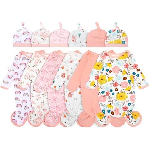 Cuffbow 6 Packs Newborn Baby Knotted Gowns Set 0-6 Months Cotton Sleeper Long Sleeve Nightgown Hat Set for Infant
