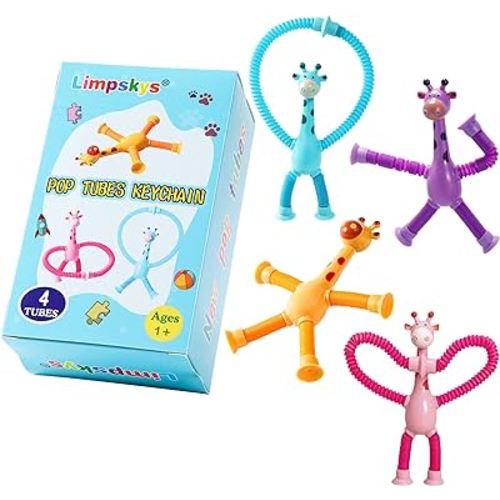 4 Pack Telescopic Suction Cup Giraffe Toy,Sucker pop Tube Giraffe,Suction Cup Toys,Animal pop Tubes,Airplane Toys for Toddlers 1-3,Toddler Travel Toys,Travel Toys for Toddlers 1-3