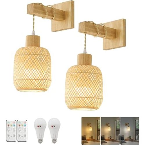 Boho Cordless Battery Operated Wall Sconces Set of 2, Rechargeable Wireless Rattan Battery Powered Wall Lights with Remote, Dimmable Bamboo Wall Decor Lamp for Bedroom, Living Room, 3 Color