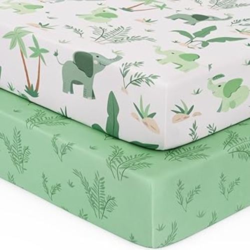 Pack and Play Sheets Fitted Mini Crib Sheets for Pack N Play Mattress Stretchy Sheet for Playpen and Playard Bedding Soft Breathable 2 Pack Green Elephant