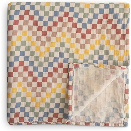 mushie Muslin Baby Swaddle Blanket | 100% Organic Cotton (Retro Check)