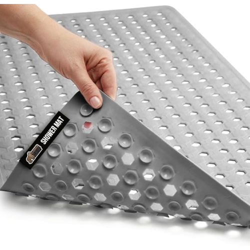 GORILLA GRIP Patented Bath Tub Shower Mat, Machine Washable Bathtub Floor Liner Mats, Suction Cups and Drain Holes to Keep Tubs Clean, Soft on Feet, Bathroom Essentials, 35x16 Inch, Gray Opaque