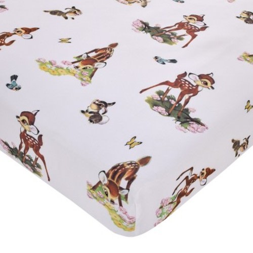 NoJo Disney Vintage Bambi - Tan, Green and White, Bambi and Thumper Floral Nursery Fitted Crib Sheet