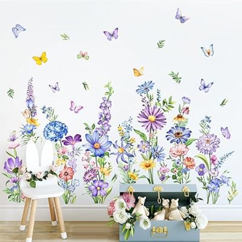 Tanlaby Wildflower Wall Decals Daisy Grass Butterflies Blue Flower Wall Stickers Floral Botanical Wall Art Decor for Baby Nursery Girl Bedroom Living Room Sofa