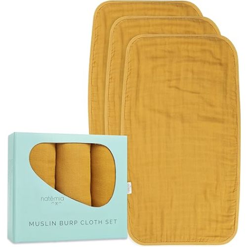 Natemia Muslin Burp Cloths for Baby Boys and Girls - Super Absorbent Baby Burp Cloths, Viscose Derived from Bamboo Cotton Baby Washcloths, 3-Pack Neutral Burp Cloths for Newborn, 21" x 11"