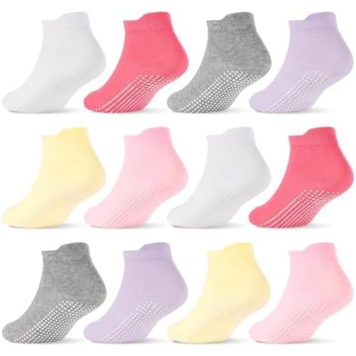 SkiBeaut 12 Pairs Toddler Non Slip Kid Boy Girl Socks with Grips, Toddlers Child Anti Skid Sticky Gripper Socks 1-7 Years Old