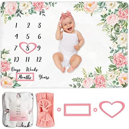Baby Monthly Milestone Blanket - Personalized Newborn Growth Chart - Customized Soft Fleece Photography Background - Includes Premium Heart, Frame and Pink Bow Headband. 60" X 40"