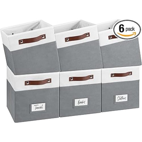 6-Pack Collapsible Fabric Storage Cubes with Handles & Label Holders, Closet Cube Home Organizer Bins (White/Dark Grey, 10.5*10.5*11 inch)