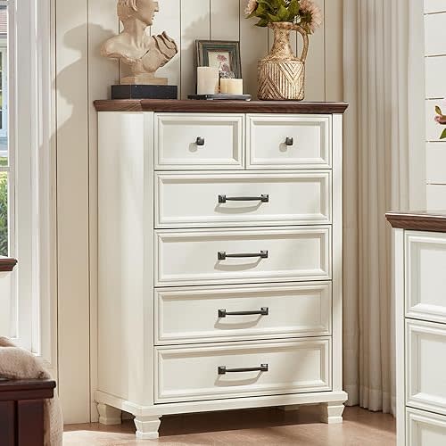 Farmhouse 6 Drawer Dresser for Bedroom, 45 Inch Tall Vintage Wood Chest of Drawers, Rustic Dressers w/Square Wooden Legs, Mid-Century Storage Organizer for Living Room, Hallway, White