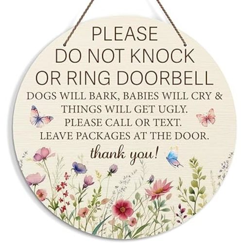 Baby Sleeping Sign for Front Door, Do Not Knock or Ring Doorbell Door Decorations, Wildflowers Wooden Hanging Sign for Home Nursery, No Soliciting Door Hanger for Outdoor, Kids Room Wall Decor -43
