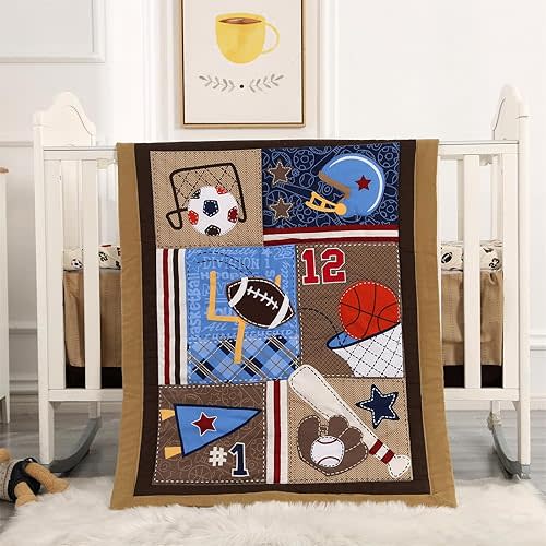 Wowelife Baby Crib Bedding Set for Boys Sports Premium 3-Piece Baby Bedding Set Brown Football Basketball Rugby Crib Bed Set Baseball Soft with Crib Comforter, Crib Skirt and Crib Sheet, Brown