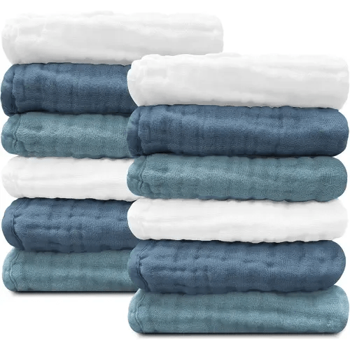 Sunny zzzZZ Baby Muslin Washcloths -100% Cotton Muslin Soft Baby Bath Wash Cloths and Absorbent Burp Cloths for Newborns Kids Girls and Boys -12 Pack, 12x12 Inches - White+Light Navy Series
