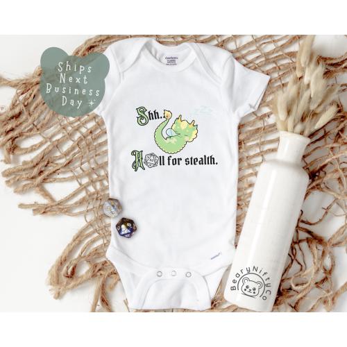Nerdy Roleplaying Baby Onesies® Brand, Shh Roll For Stealth Baby Tee, Dragon Baby Bodysuit, Baby Dragon Baby Outfit, 12-Sided Dice Baby Tee