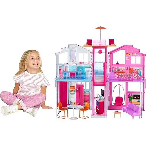 Barbie Doll House Playset, 3-Story Townhouse with 4 Rooms & Rooftop Lounge, Furniture & Accessories Including Swinging Chair (Amazon Exclusive)