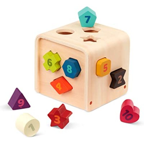 Battat Shape Sorter For Toddlers, Kids Wooden Learning Cube 10 Colorful Wood Shapes With Numbers Count & Sort Cube 1 Year +