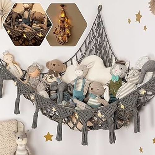Macrame DreamLights Boho Stuffed Animal Storage Net or hammock Extra Large for Small or large Plushies. Plush Gray Toy Storage Holder