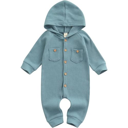 Ynibbim Winter Newborn Baby Boy Girl Solid Romper Unisex Infants Hooded Outfit Clothes Waffle Cotton Button Jumpsuits