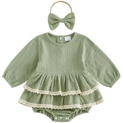 BeQeuewll Newborn Baby Girl Romper Fall Winter Clothes Infant Long Sleeve Linen Dress+Headband Cute Toddler Outfits