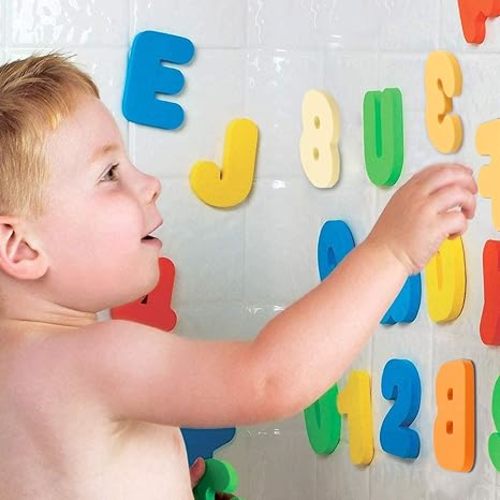 Bath Toys Organizer + 36 Soft Foam ABC 123 Letters & Numbers Bathroom Alphabet Baby Toys for Early Learning Foam Letters and Quick Dry Storage Net Bag - Blue