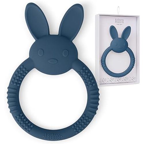 Silicone Baby Bunny Teething Toys - Silicone Teether Toys for Babies 0-6 Months - Cute Animal-Shaped Teething Relief, Easy to Clean Teething Ring - Newborn Essentials Must Have (Bunny/Denim)