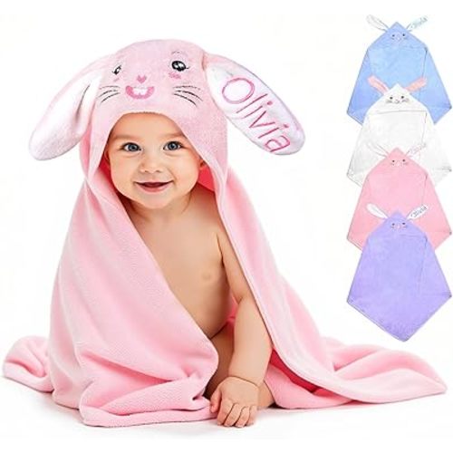 Custom Hooded Bath Towel with Name, Personalized Highly Absorbent Bunny Towels, Baby Bath Towels for Girls Boys, Easter Brithday Shower Gifts for Baby, Toddler, Newborn (Pink)
