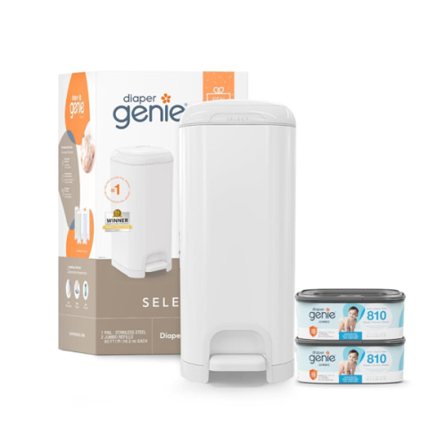Diaper Genie Select Pail Registry Gift Set (White) | Made of Durable Stainless Steel Metal | Includes 2 Jumbo Refills | Holds 1620 Newborn Diapers