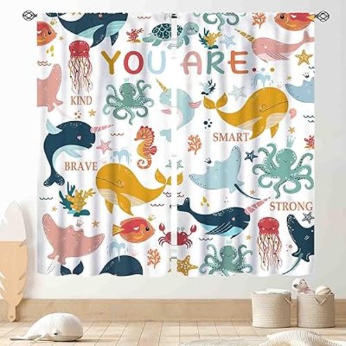 Ocean Kids Curtains, Sea World Underwater Fish Marine Animals Whale Shark Fish Quotes Inspirational Colorful Window Drapery for Boys Girl Baby Bedroom Living Room Nursery Bathroom, 42"x45" Inch
