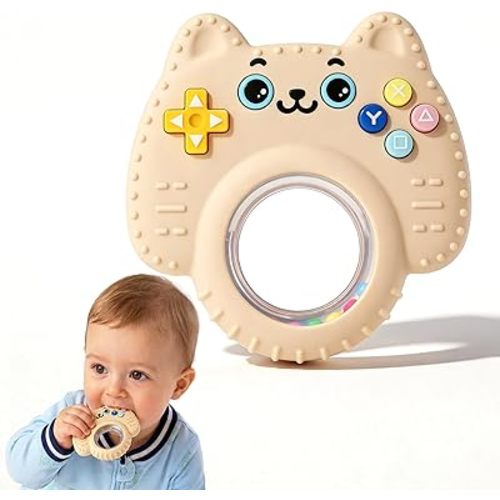 Baby Teether Toy Silicone Cat Teething Ring -Game Controller, Baby Rattle Toy Chew Sensory Toys for Babies Over 3 Months, Teething Relief for Newborn Infant Essentials 0-6 6-12 Months, BPA Free -Beige