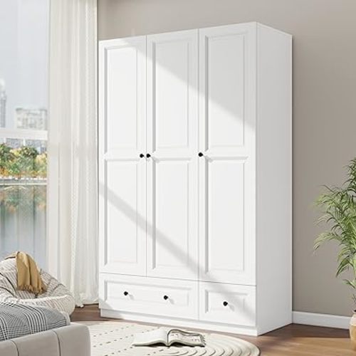 White 3 Door Wardrobe Closet: Bedroom Armoire with 2 Drawers, Wooden Closet for Hanging Clothes, Wood Cabinet with Shelves for Clothes Storage (White, 47")