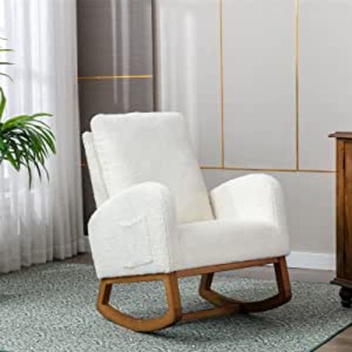 Antetek Modern Accent Rocking Chair, Upholstered Nursery Glider Rocker for Baby and Kids, Comfy Armchair with Side Pocket, Living Room Lounge Arm Chair with High Backrest (White) - White(close to Cream)