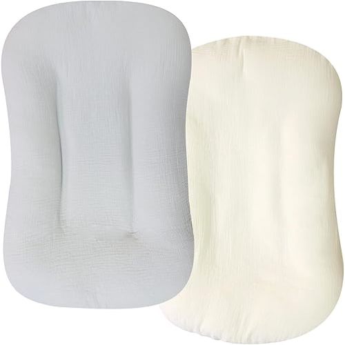 Hooyax Muslin Baby Lounger Cover 2 Pack, Organic Cotton Removable Slipcover for Newborn,Baby Padded Lounger Infant Floor Seat Cover for Boys Girls (Gray Creamy-White)
