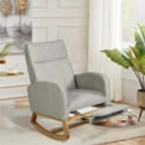 Rocking Chair Nursery, Glider Rocker Chair w/Retractable Footrest & High Backrest, Teddy Upholstered Rocking Chair w/Side Pockets, Modern Accent Chair for Living Room/Bedroom, Grey