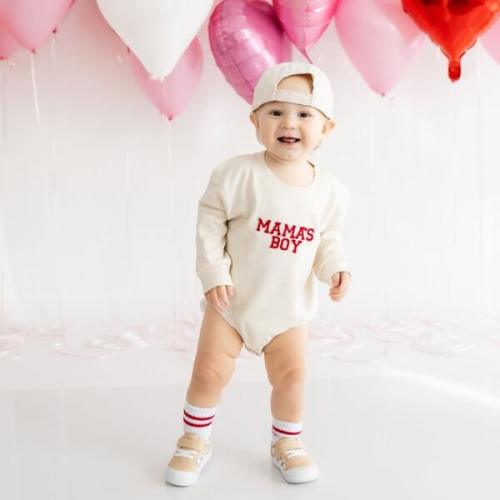 Mama's Boy Patch Valentine's Day Long Sleeve Romper, Natural - Sweet Wink | Maisonette