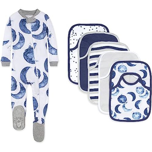 Burt's Bees Baby baby-girls Zip-up Footed Sleeper Pj & Set of Bibs Gift Bundle, 100% Organic Cotton