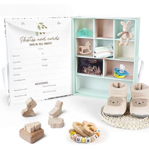 Baby Keepsake Box Memory Organizer Boxes with 9 Labeled Compartment Jungle Woodland Animal Gender-Neutral Memory Box Baby's First 5 Years Storage Baby Shower for Newborn Gift New Parents Pregnancy